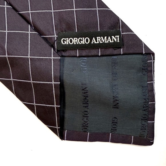 Giorgio Armani Mens Dark Grey White Grid Silk Neck Tie W: 3.5" L: 60" - Picture 4 of 6